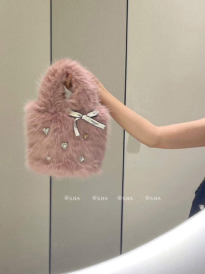 Heart Rhinestone Bow Plush Handbag for Women - Image 4
