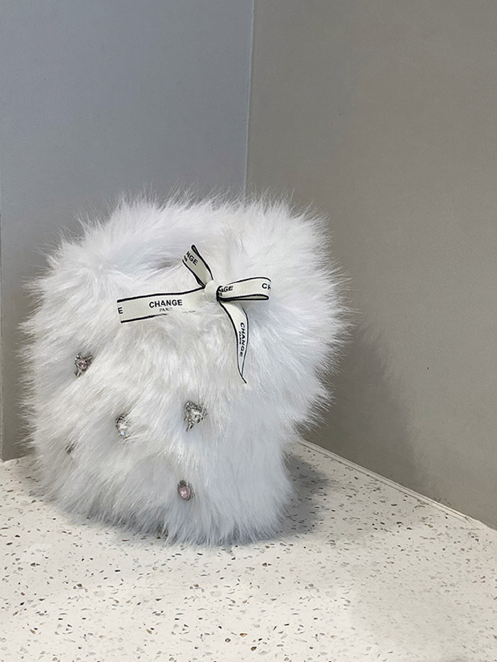 Heart Rhinestone Bow Plush Handbag for Women - Image 2