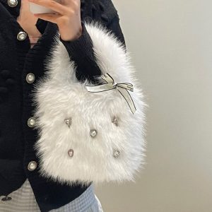 Heart Rhinestone Bow Plush Handbag for Women