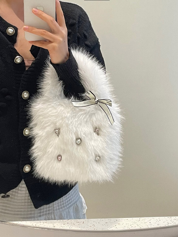 Heart Rhinestone Bow Plush Handbag for Women