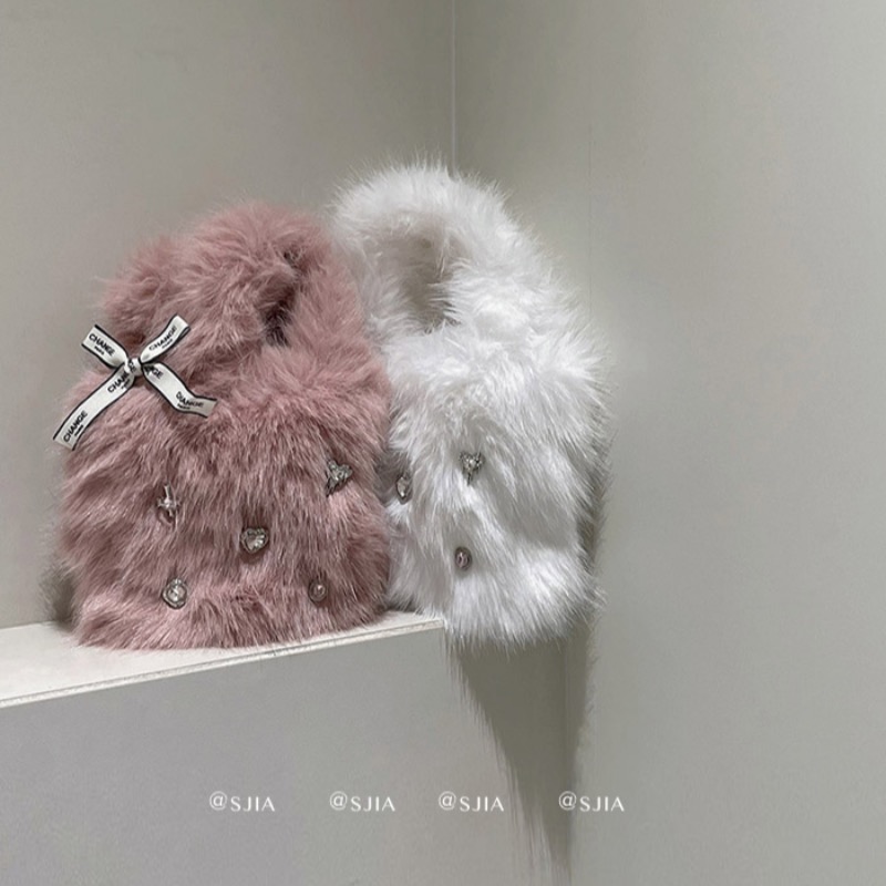 Heart Rhinestone Bow Plush Handbag for Women - Image 5