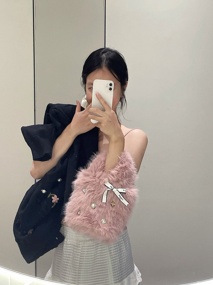 Heart Rhinestone Bow Plush Handbag for Women - Image 3
