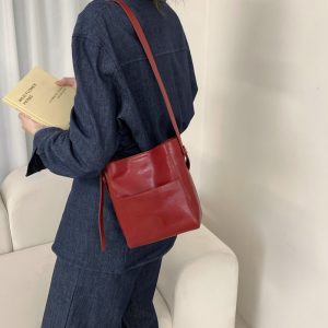 MBH Top-Grain Vegetable-Tanned Leather Mini Bucket Bag with Slip Pocket, Handbag Crossbody Shoulder Bag