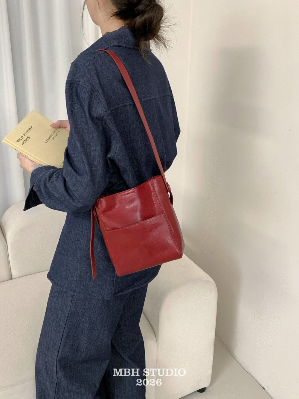 MBH Top-Grain Vegetable-Tanned Leather Mini Bucket Bag with Slip Pocket, Handbag Crossbody Shoulder Bag
