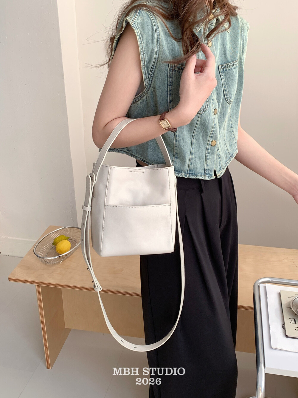 MBH Top-Grain Vegetable-Tanned Leather Mini Bucket Bag with Slip Pocket, Handbag Crossbody Shoulder Bag - Image 4