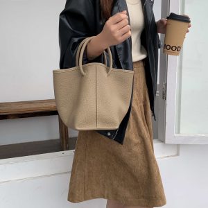 MBH Imported Top Layer Cowhide Bucket Bag with Double Handles Small Niche Commuter Basket Bag Crossbody Handbag