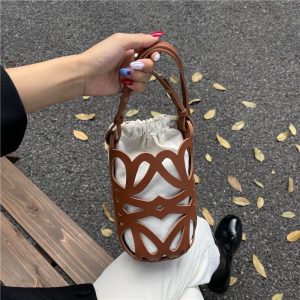 NO MORE Women's Hollow Round Bucket Bag PU Drawstring Shoulder Crossbody Bag