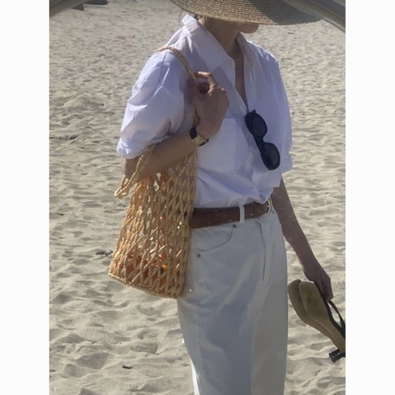 Handmade Beaded Large Capacity Shoulder Bag Vintage Beige Bucket Bag Woven Bag - Image 2