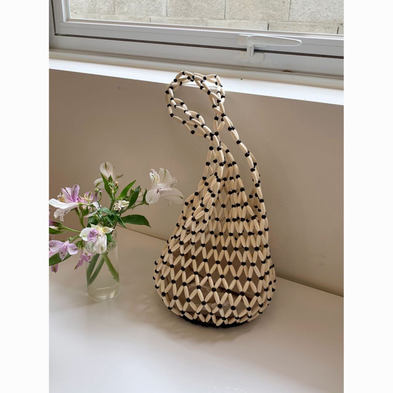 Handmade Beaded Large Capacity Shoulder Bag Vintage Beige Bucket Bag Woven Bag - Image 3