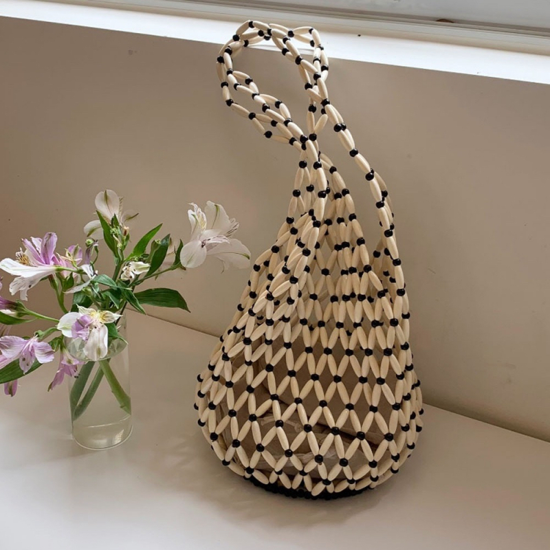Handmade Beaded Large Capacity Shoulder Bag Vintage Beige Bucket Bag Woven Bag - Image 5