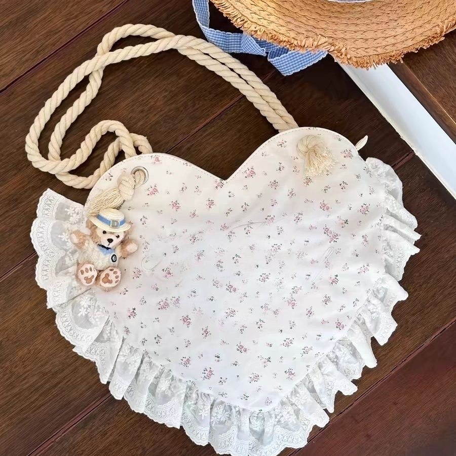 Heart Print Floral Cotton Lace Shoulder Bag Lolita Style Large Capacity Cute Cloth Bag - Image 2