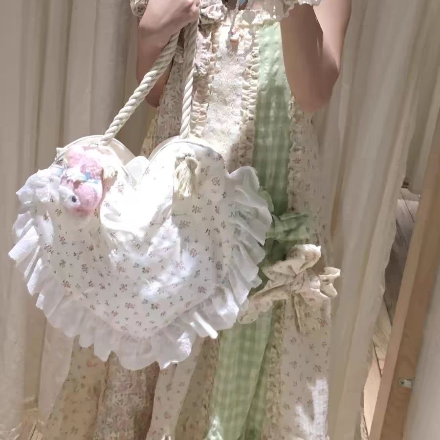 Heart Print Floral Cotton Lace Shoulder Bag Lolita Style Large Capacity Cute Cloth Bag - Image 4