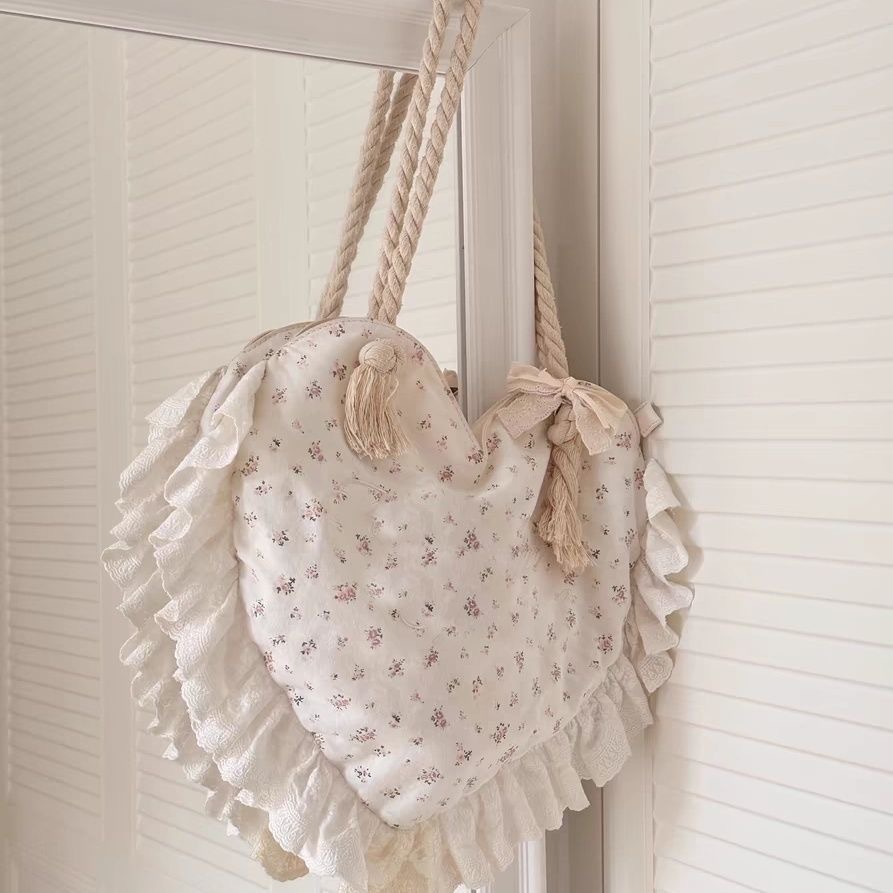 Heart Print Floral Cotton Lace Shoulder Bag Lolita Style Large Capacity Cute Cloth Bag - Image 5