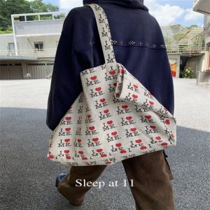 NO MORE Korean Commute Letter Heart Print Large Capacity Lightweight Casual Handbag Shoulder Bag