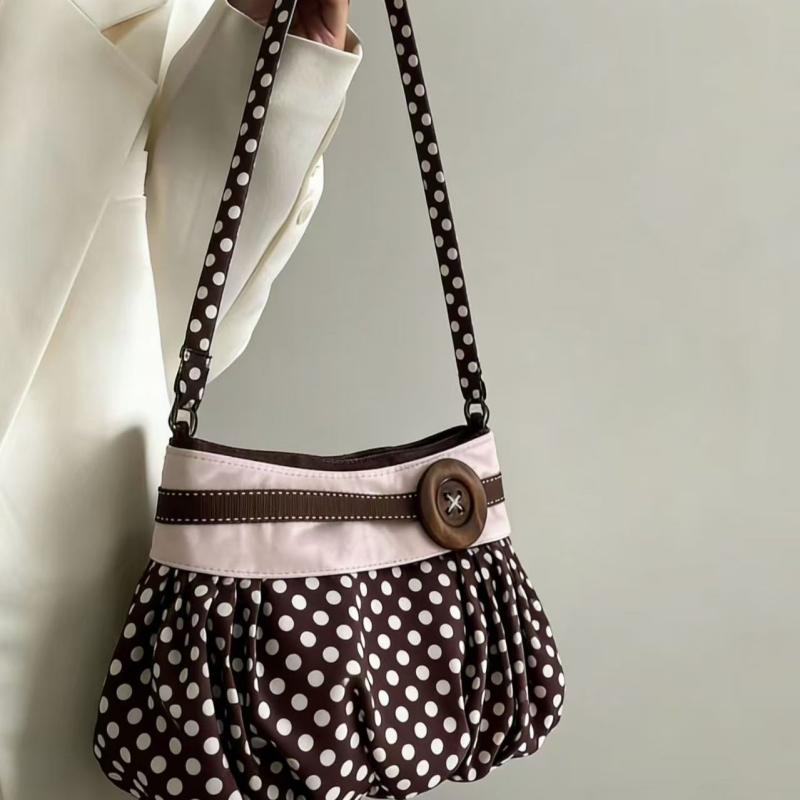 Retro Polka Dot Underarm Bag Pleated Cloud Shape Wooden Button Sweet Daily Style