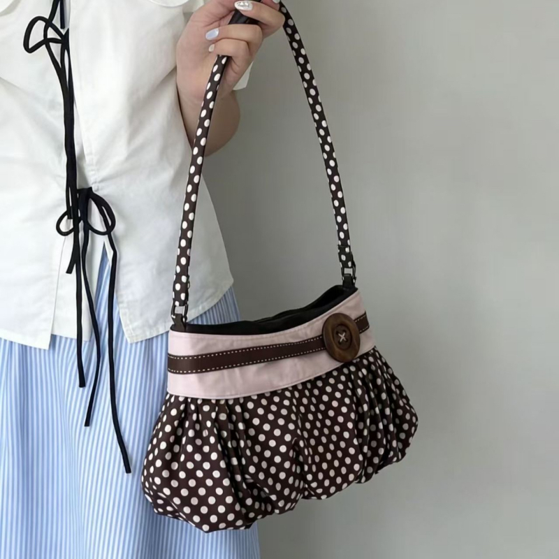 Retro Polka Dot Underarm Bag Pleated Cloud Shape Wooden Button Sweet Daily Style - Image 3