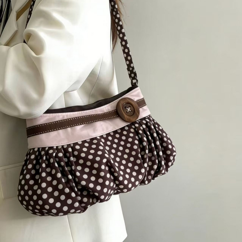 Retro Polka Dot Underarm Bag Pleated Cloud Shape Wooden Button Sweet Daily Style - Image 5