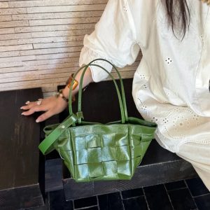 MBH Top-Grain Waxed Leather Hand-Woven Basket Bag Summer Shoulder Handbag with Strap