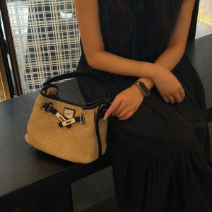Raffia Woven Kelly Bag Summer Beach Vacation Bag Casual Color Block Crossbody Handbag with Shoulder Strap Storage Bag