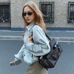 MBH Moto-Style Full-Grain Leather Multi-Pocket Large Tote Bag Cool Shoulder Bag