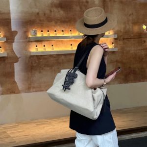 MBH Linen and Top-Grain Leather Tote Bag Large Capacity Multi-Compartment Commuter Shoulder Bag