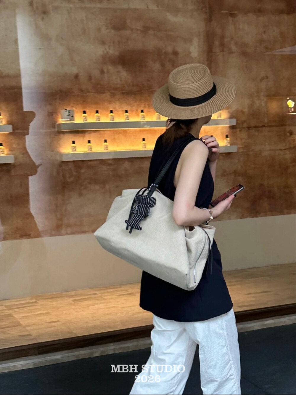 MBH Linen and Top-Grain Leather Tote Bag Large Capacity Multi-Compartment Commuter Shoulder Bag