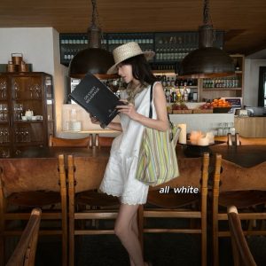 MBH Rainbow Striped Mesh Tote Bag with Genuine Leather Trim and Card Holder