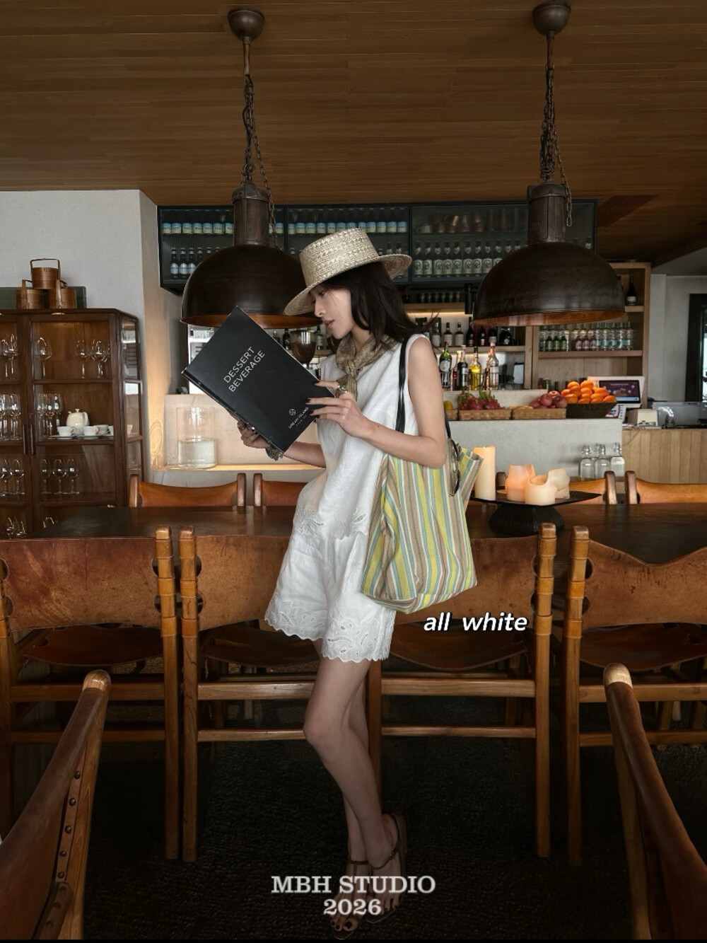 MBH Rainbow Striped Mesh Tote Bag with Genuine Leather Trim and Card Holder