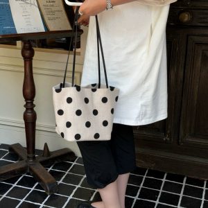 MBH Polka Dot Cotton Linen Tote Bag Casual Handbag Shoulder Bag