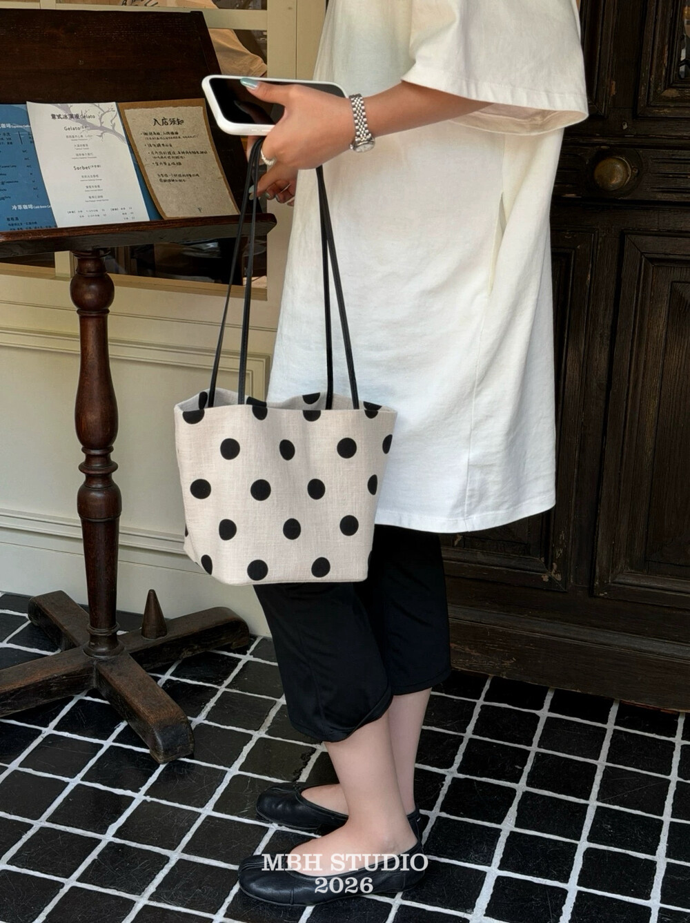 MBH Polka Dot Cotton Linen Tote Bag Casual Handbag Shoulder Bag