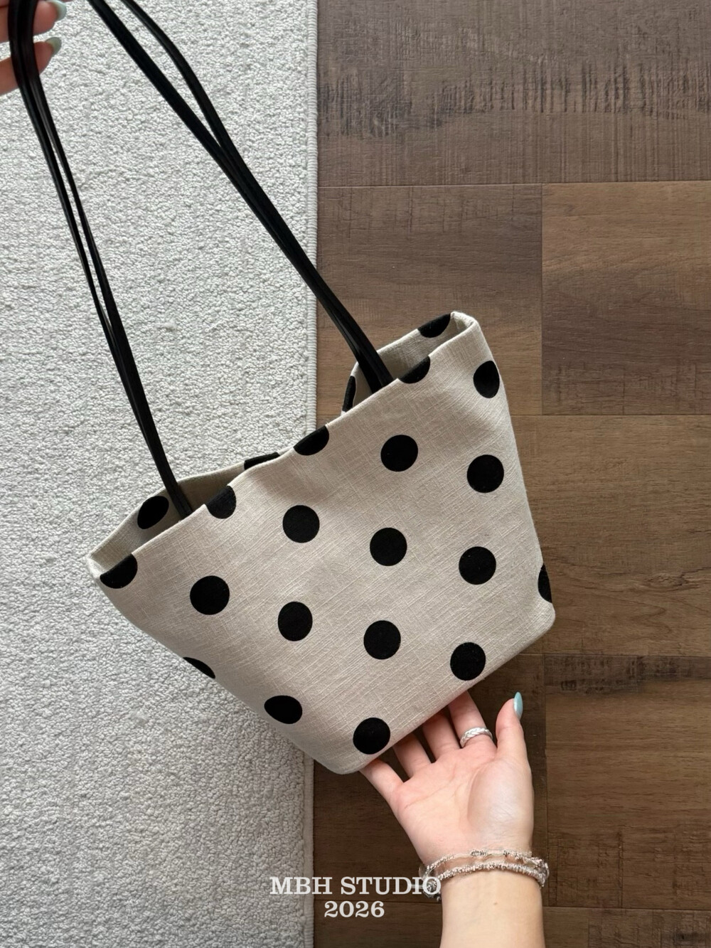 MBH Polka Dot Cotton Linen Tote Bag Casual Handbag Shoulder Bag - Image 3