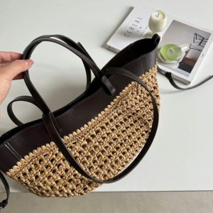 Imported Rattan Woven Leather Tote Bag French Vacation Style Basket Handbag Crossbody