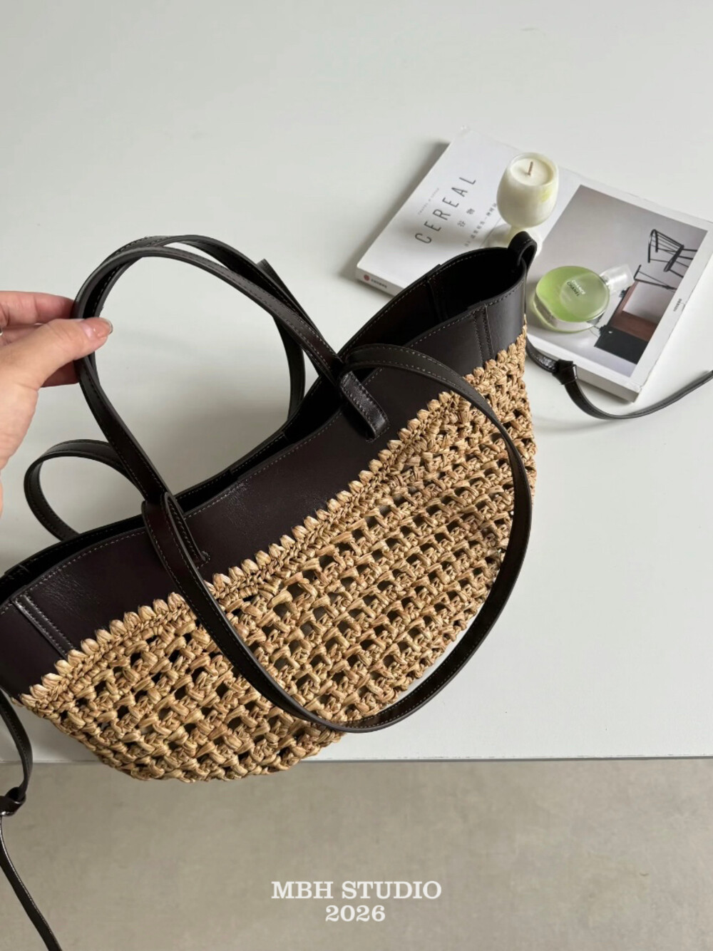 Imported Rattan Woven Leather Tote Bag French Vacation Style Basket Handbag Crossbody