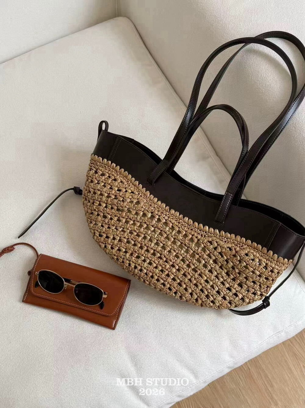 Imported Rattan Woven Leather Tote Bag French Vacation Style Basket Handbag Crossbody - Image 2