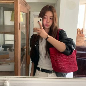 MBH French Vacation Style Red Raffia Woven Tote Bag Hollow Large Capacity Shoulder Bag