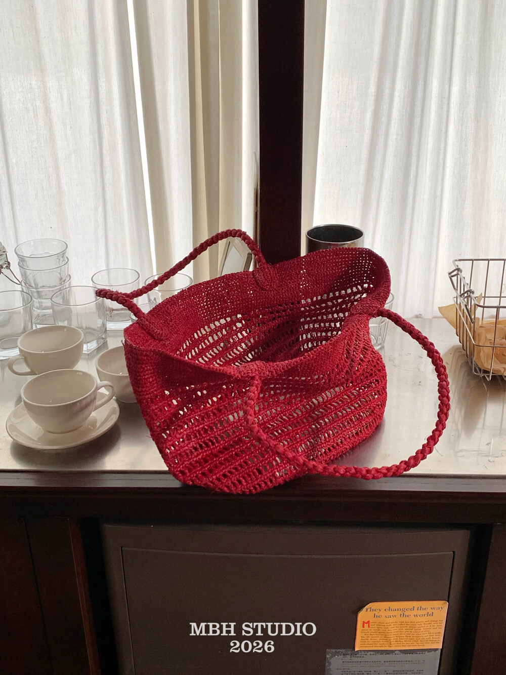 MBH French Vacation Style Red Raffia Woven Tote Bag Hollow Large Capacity Shoulder Bag - Image 2