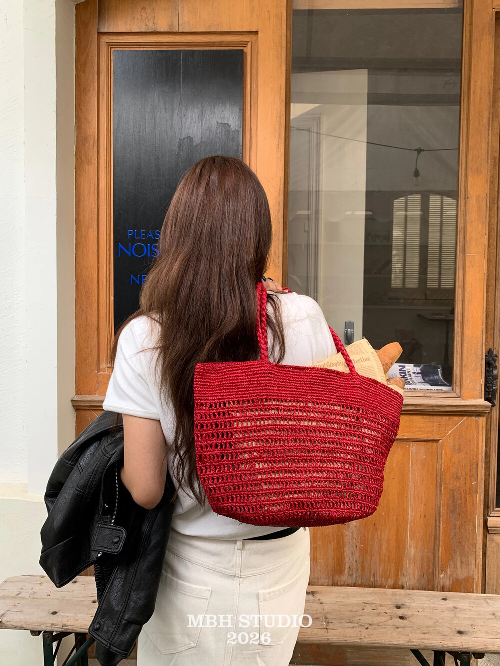 MBH French Vacation Style Red Raffia Woven Tote Bag Hollow Large Capacity Shoulder Bag - Image 3